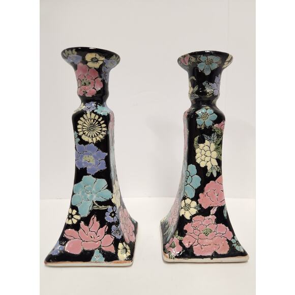 Vintage Floral Ceramic Candle Holders – Black Cloisonné Style Pair - Picture 4 of 6